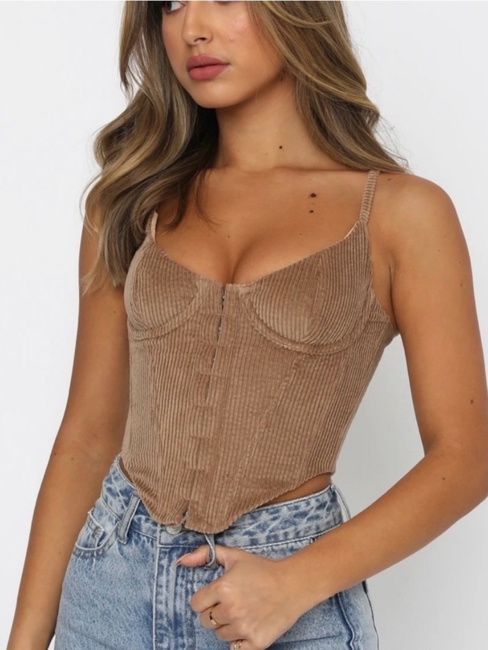 White Fox Boutique Ribbed Bustier Camisole in Tan